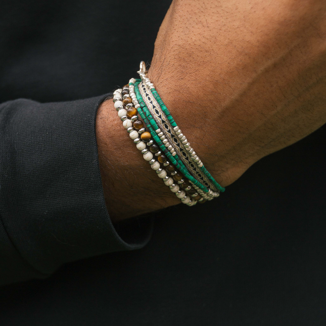 3 Laps Bracelet With Malachite And Sterling Silver Beads-Bracelet-Kompsós
