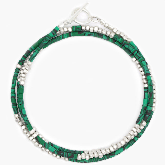 3 Laps Bracelet With Malachite And Sterling Silver Beads-Bracelet-Kompsós