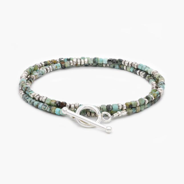 3 Laps Bracelet With Natural African Turquoise And Sterling Silver Beads-Bracelet-Kompsós