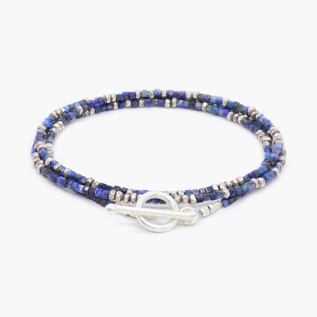 3 Laps Bracelet With Natural Lapis And Sterling Silver Beads-Bracelet-Kompsós