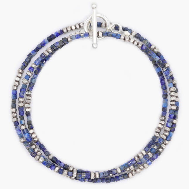 3 Laps Bracelet With Natural Lapis And Sterling Silver Beads-Bracelet-Kompsós