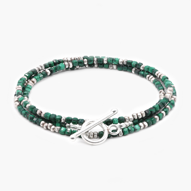 3 Laps Bracelet With Natural Malachite And Sterling Silver Beads-Bracelet-Kompsós