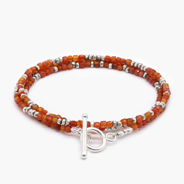 3 Laps Bracelet With Natural Red Agate And Sterling Silver Beads-Bracelet-Kompsós