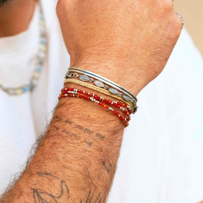 3 Laps Bracelet With Natural Red Agate And Sterling Silver Beads-Bracelet-Kompsós