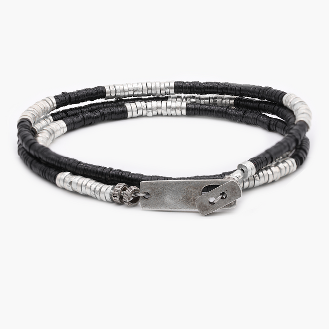 3 Laps Bracelet With Vinyl And Sterling Silver Beads (Black)-Bracelet-Kompsós