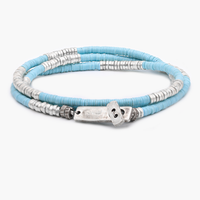 3 Laps Bracelet With Vinyl And Sterling Silver Beads (Light Blue)-Bracelet-Kompsós