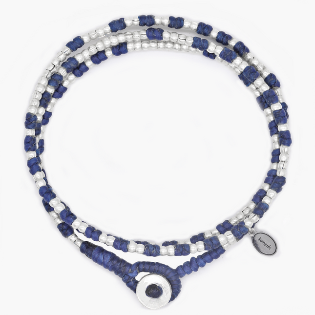 3 Laps Braided Bracelet With Sterling Silver Beads (Navy Blue)-Bracelet-Kompsós