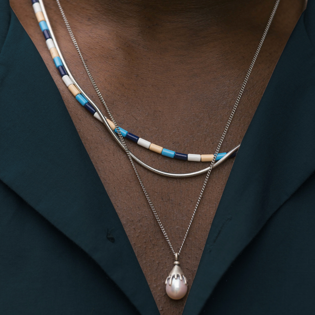 Melted Sterling Silver With Freshwater Pearl Necklace-Necklace-Kompsós