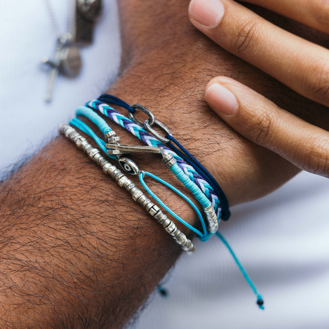 Nylon Thread With Silver Double Hoop "Indah" Bracelet (Ocean Blue)-Kompsós