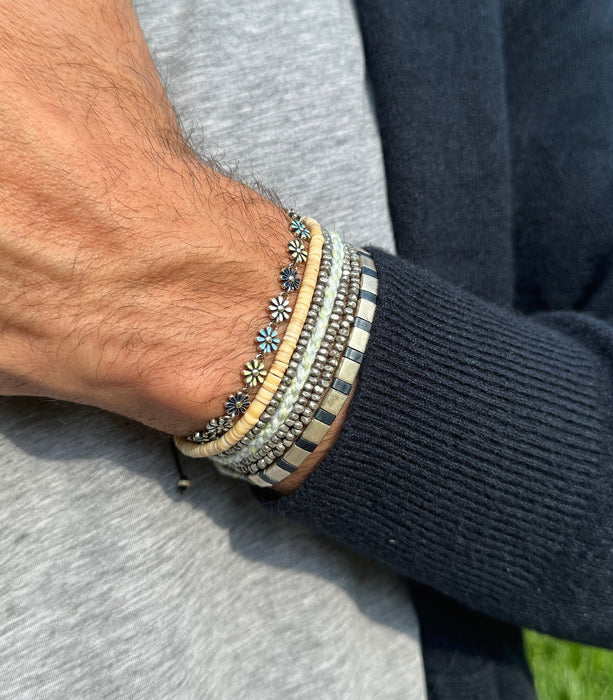 Silver Bracelet With Hand-Forged Tila Beads (Petrol Blue)-Bracelet-Kompsós