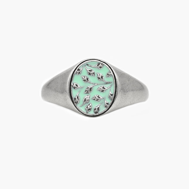 Sterling Silver Floral Oval Signet Ring With Enamel-Ring-Kompsós