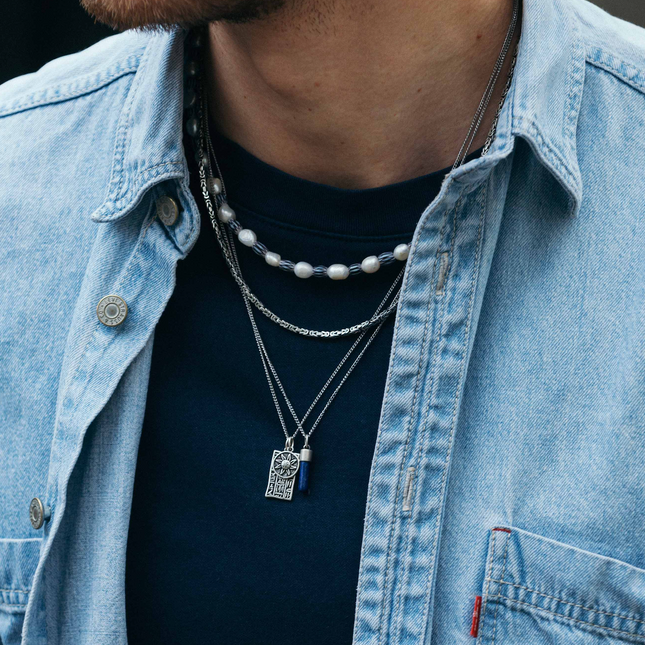Sterling Silver Necklace With Lapis Lazuli Cylinder-Necklace-Kompsós