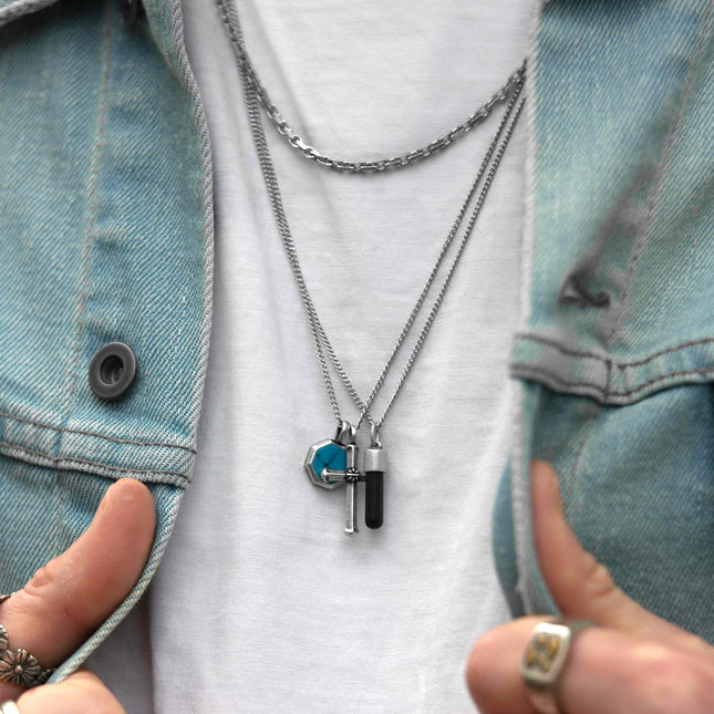 Sterling Silver Necklace With Matte Onyx Cylinder-Necklace-Kompsós