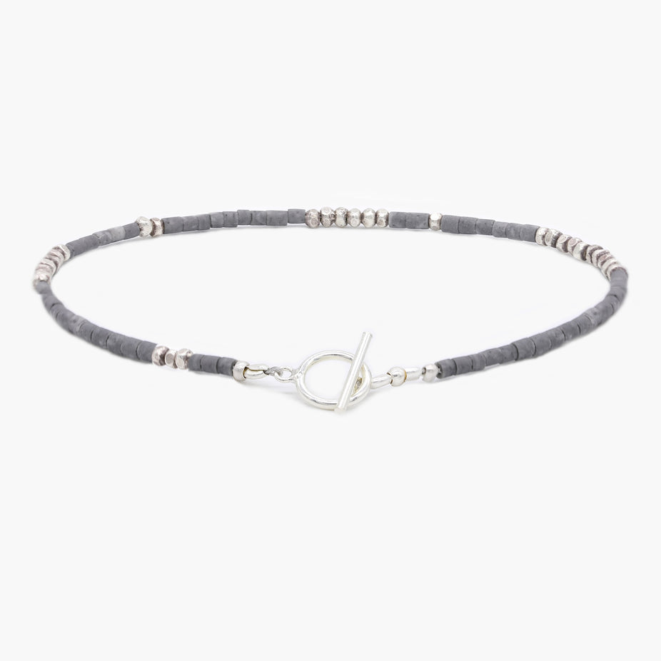 2mm Bracelet With Afghani Stones And Silver Beads (Grey)-Bracelet-Kompsós