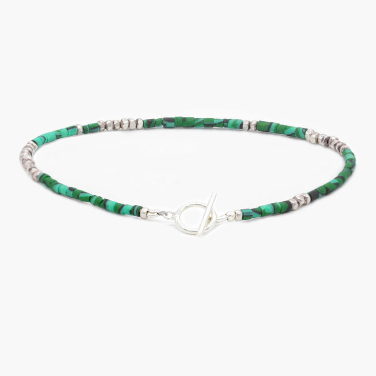 2mm Bracelet With Afghani Stones And Silver Beads (Malachite)-Bracelet-Kompsós