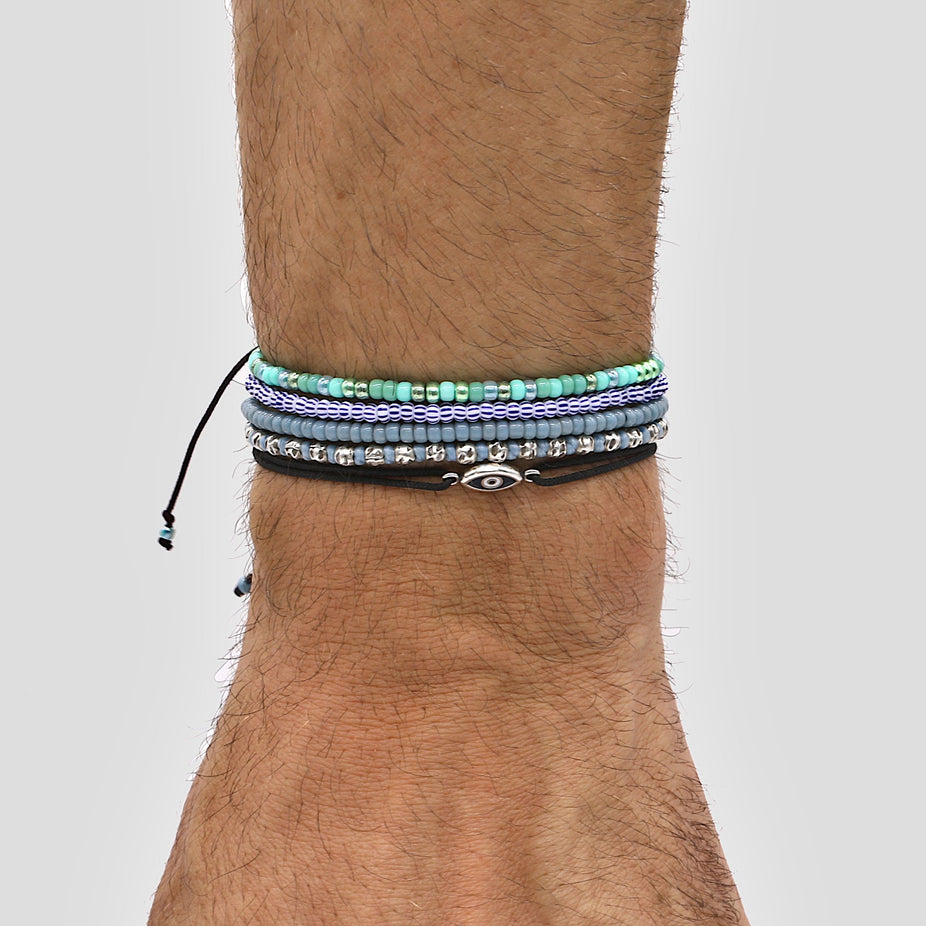 2mm Glass Beads Adjustable Bracelet (Blue/White)-Bracelet-Kompsós