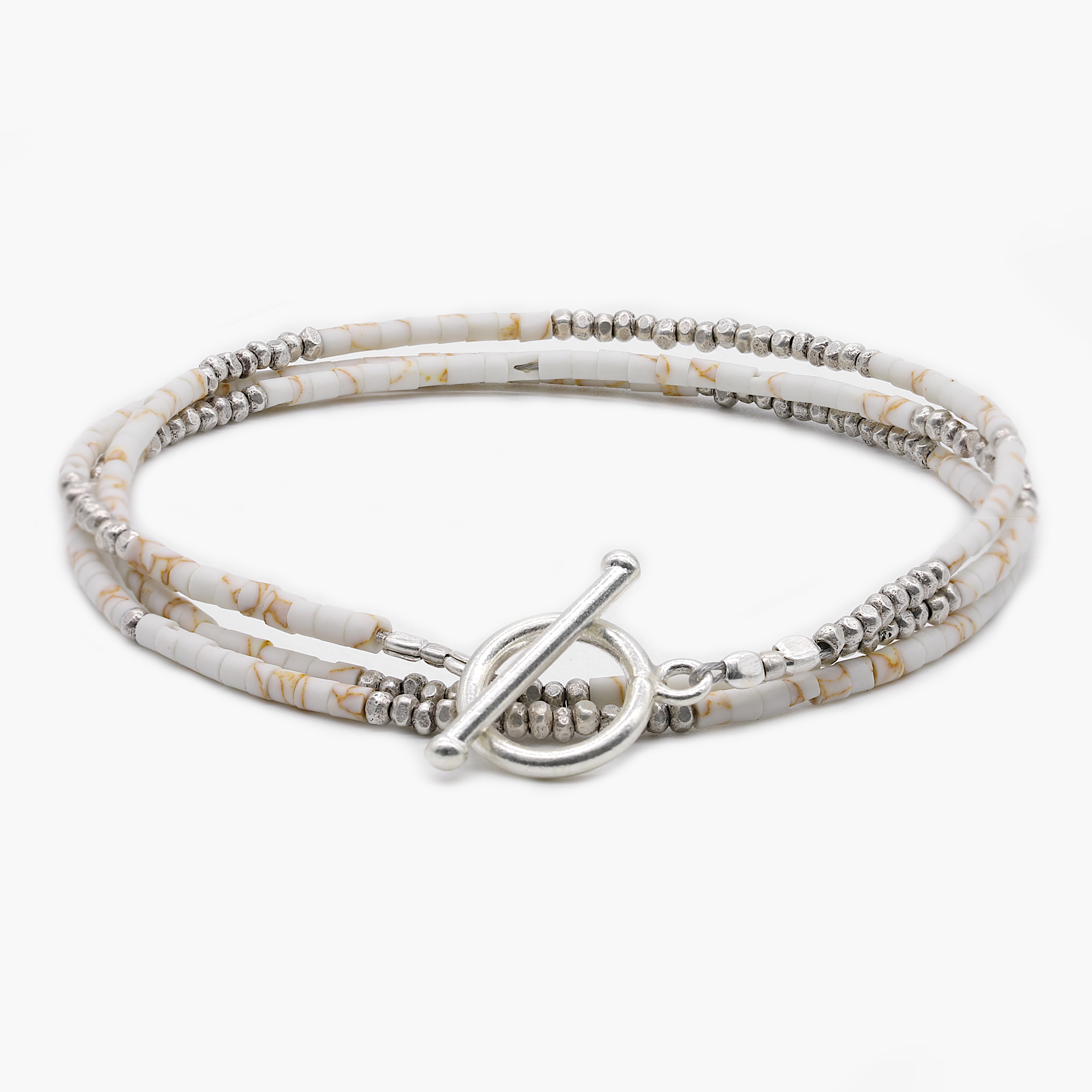 3 Laps Bracelet With Afghani And Sterling Silver Beads-Bracelet-Kompsós