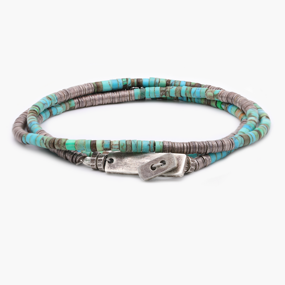 3 Laps Bracelet With Arizona Turquoise And Sterling Silver Beads-Bracelet-Kompsós