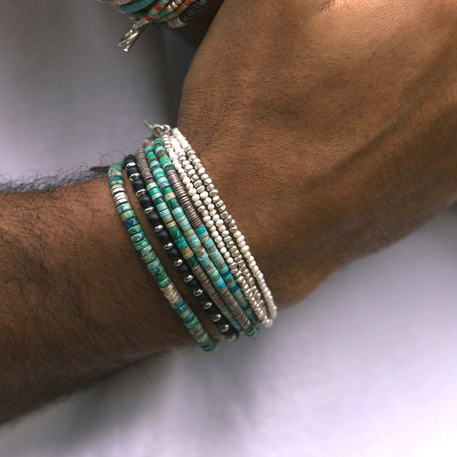 3 Laps Bracelet With Arizona Turquoise And Sterling Silver Beads-Bracelet-Kompsós