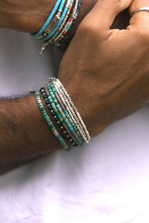 3 Laps Bracelet With Arizona Turquoise And Sterling Silver Beads-Bracelet-Kompsós
