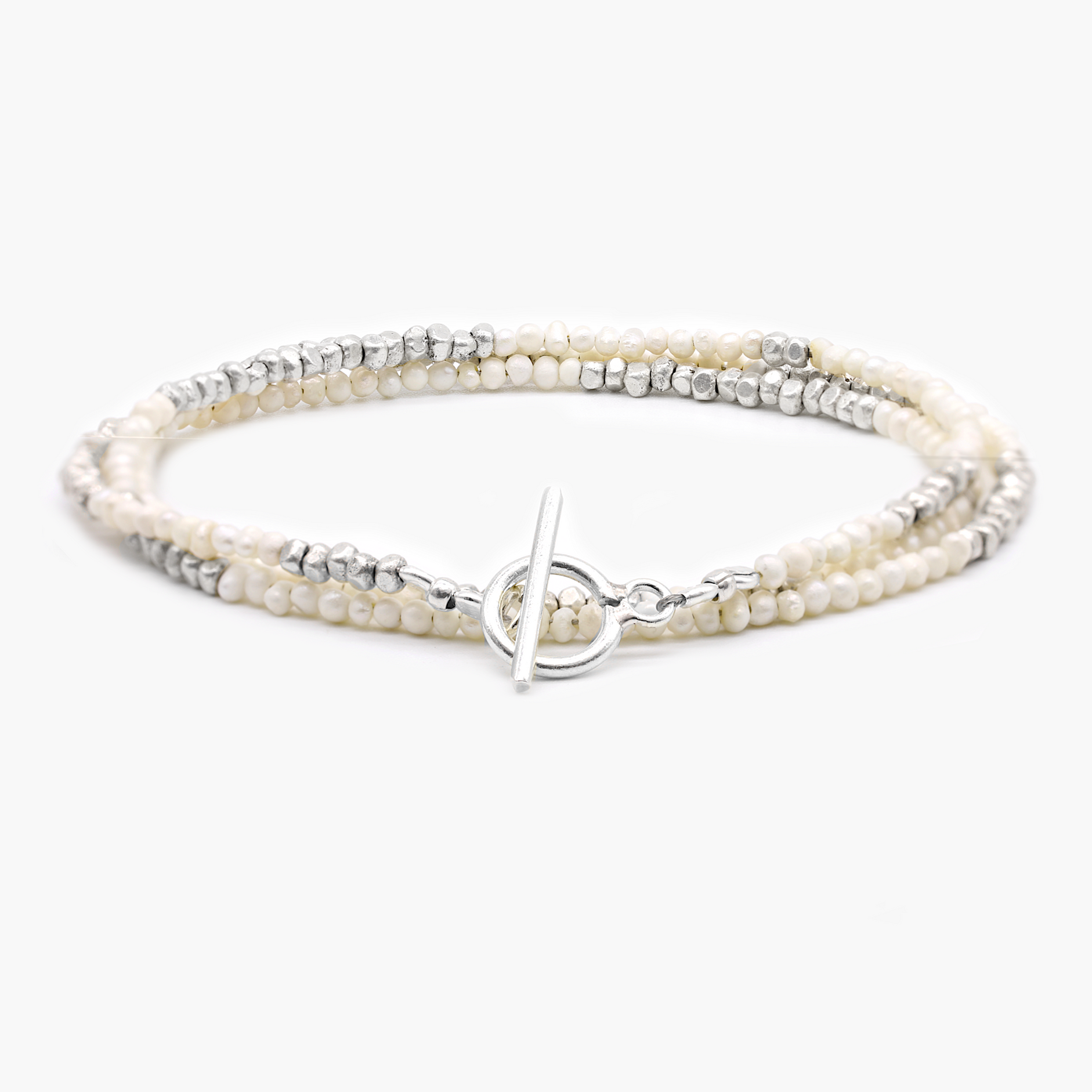 3 Laps Bracelet With Freshwater Pearls And Sterling Silver Beads-Bracelet-Kompsós