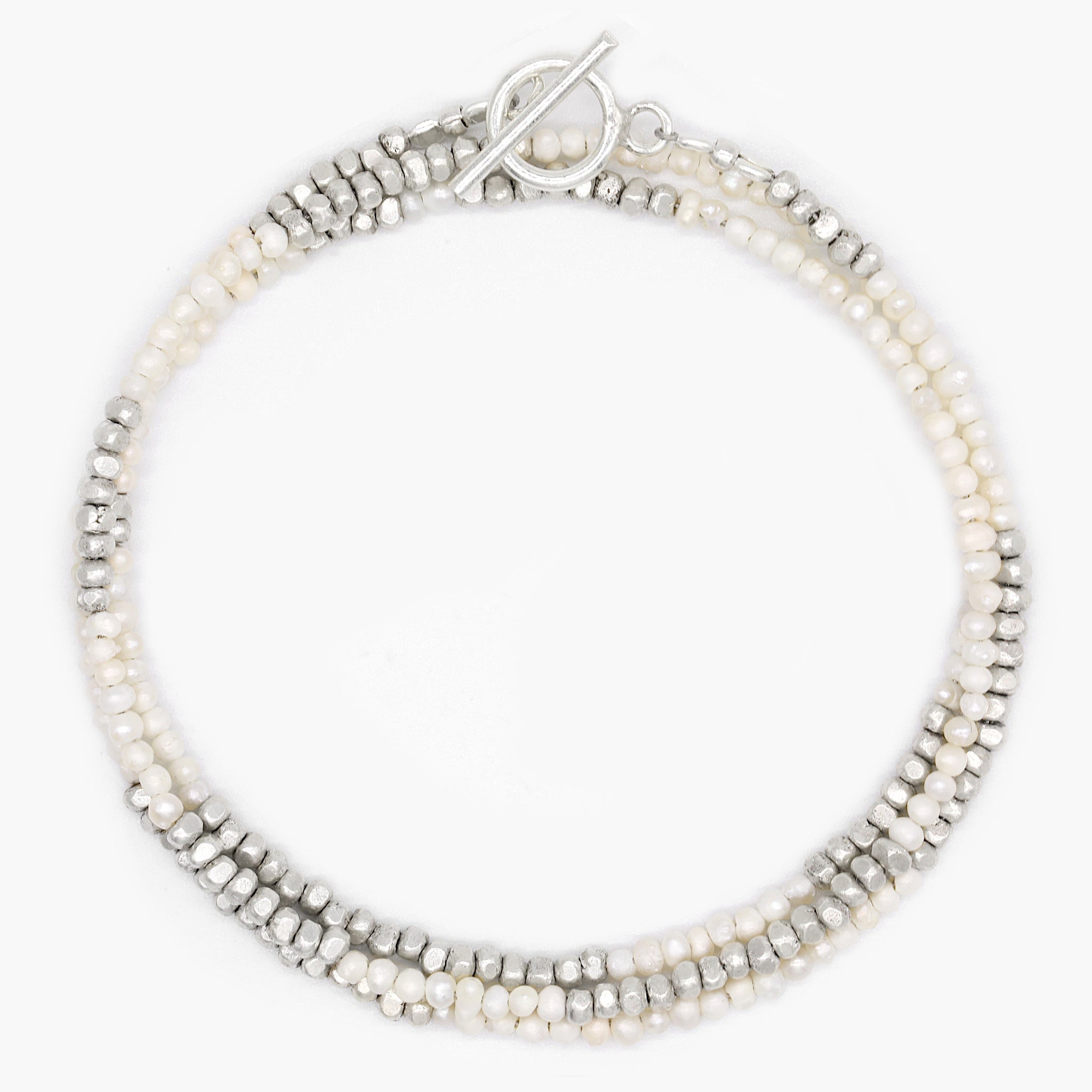 3 Laps Bracelet With Freshwater Pearls And Sterling Silver Beads-Bracelet-Kompsós
