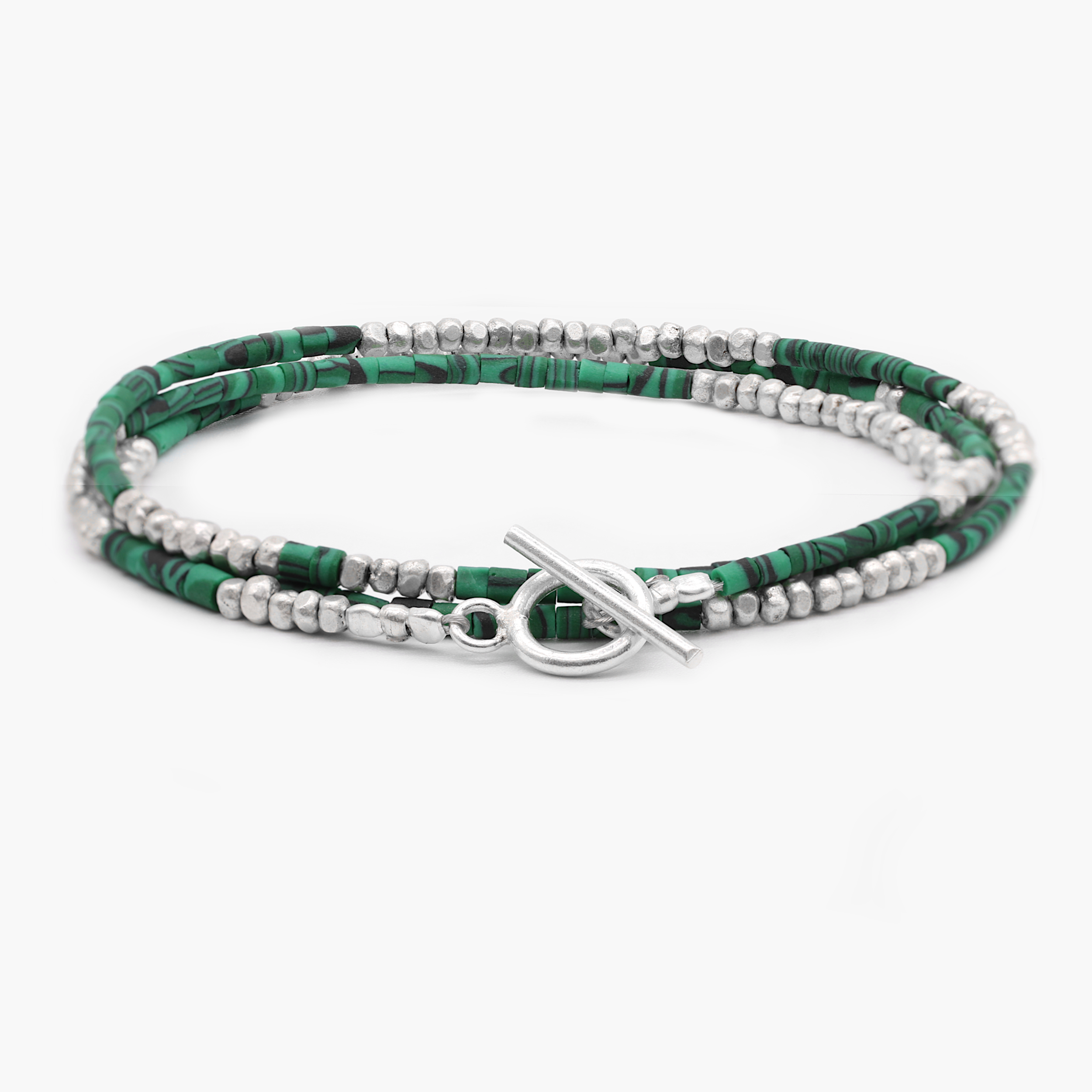 3 Laps Bracelet With Malachite And Sterling Silver Beads-Bracelet-Kompsós