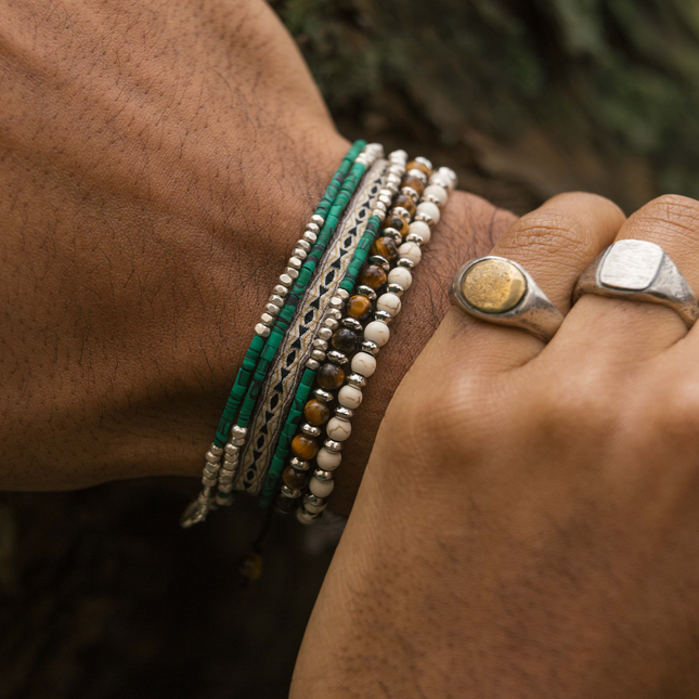 3 Laps Bracelet With Malachite And Sterling Silver Beads-Bracelet-Kompsós