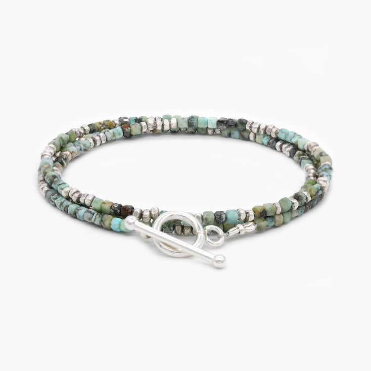 3 Laps Bracelet With Natural African Turquoise And Sterling Silver Beads-Bracelet-Kompsós