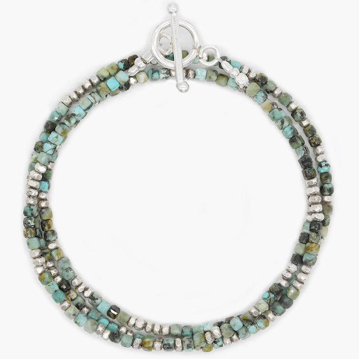 3 Laps Bracelet With Natural African Turquoise And Sterling Silver Beads-Bracelet-Kompsós