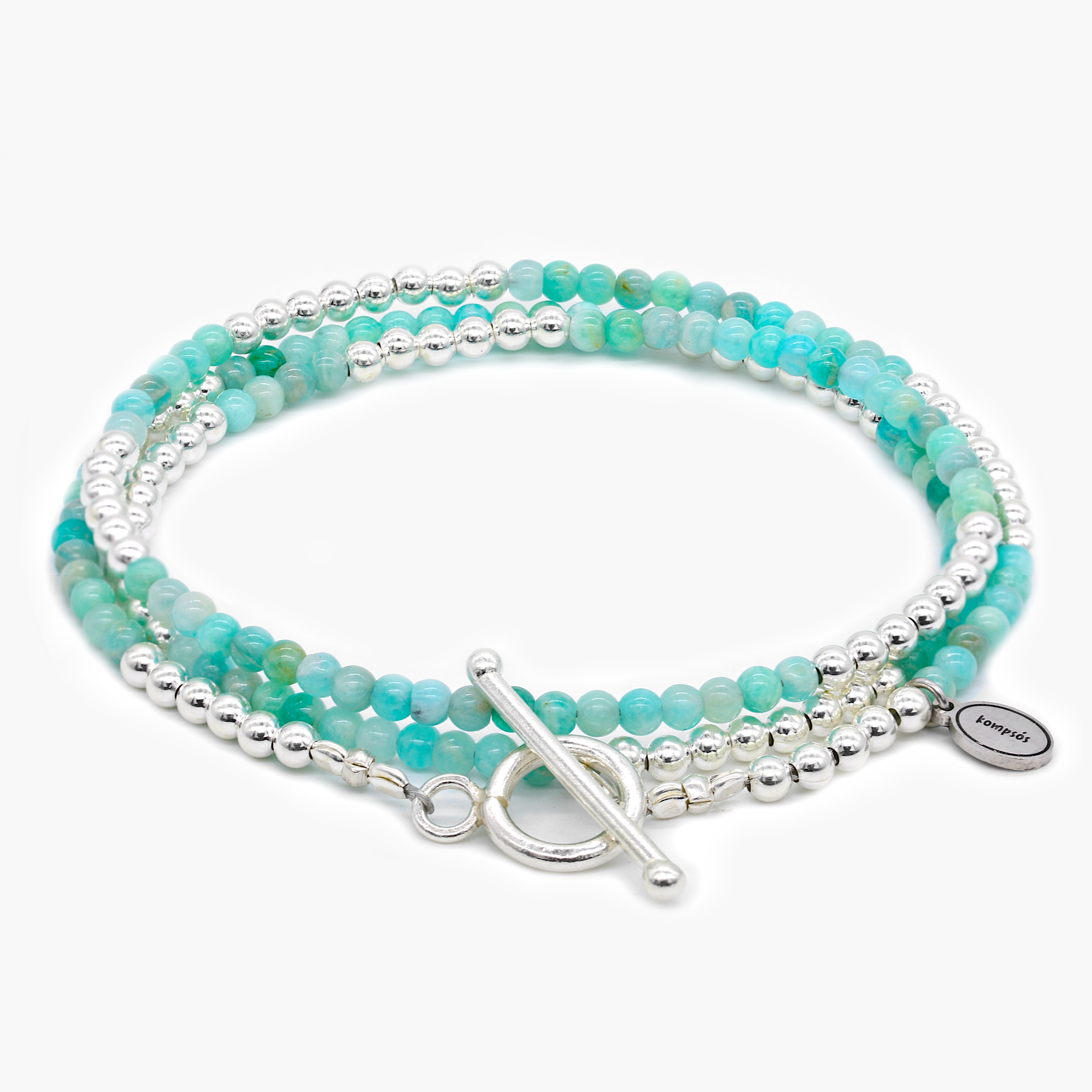 3 Laps Bracelet With Natural Amazonite And Sterling Silver Beads-Bracelet-Kompsós