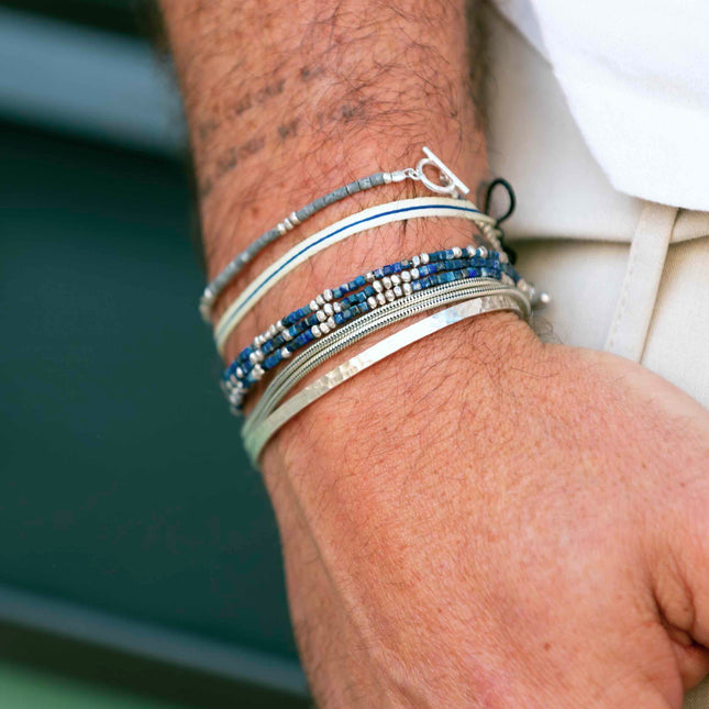 3 Laps Bracelet With Natural Lapis And Sterling Silver Beads-Bracelet-Kompsós