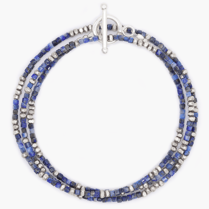 3 Laps Bracelet With Natural Lapis And Sterling Silver Beads-Bracelet-Kompsós