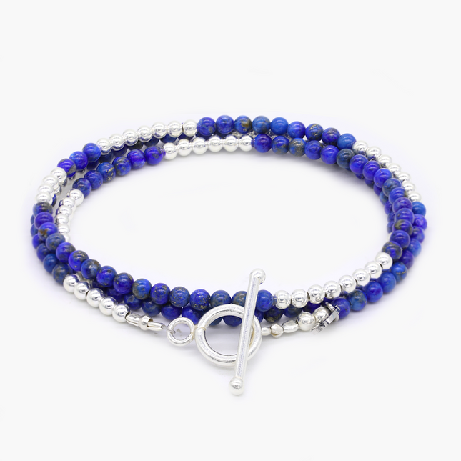 3 Laps Bracelet With Natural Lapis Lazuli And Sterling Silver Beads-Bracelet-Kompsós