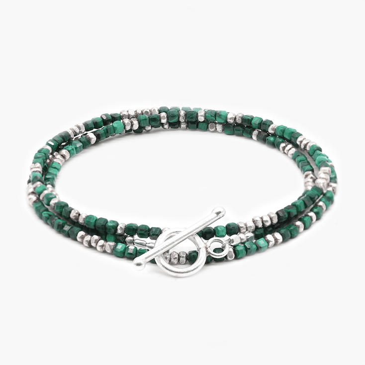 3 Laps Bracelet With Natural Malachite And Sterling Silver Beads-Bracelet-Kompsós