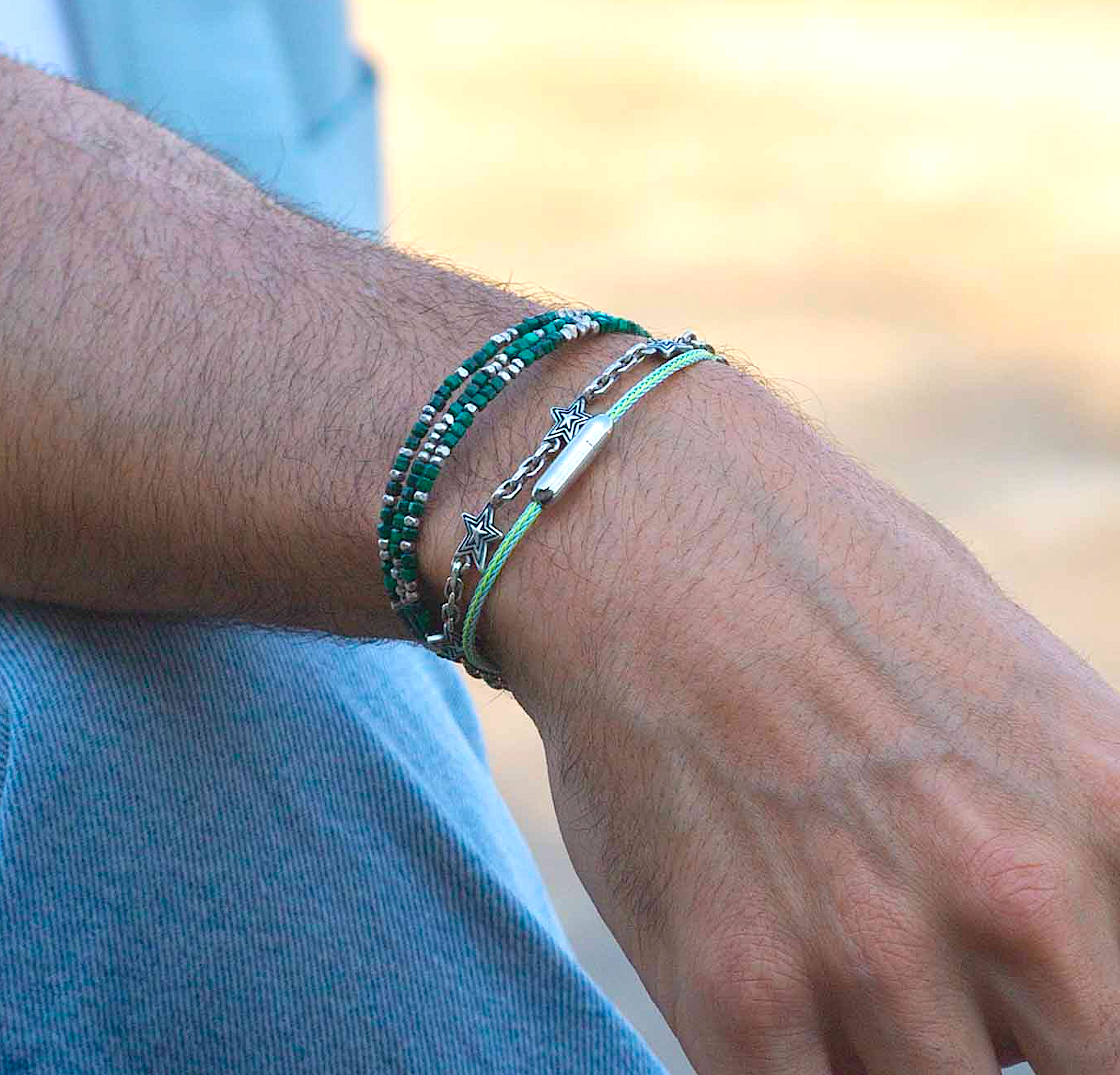 3 Laps Bracelet With Natural Malachite And Sterling Silver Beads-Bracelet-Kompsós