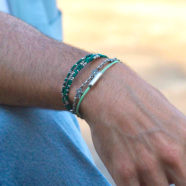 3 Laps Bracelet With Natural Malachite And Sterling Silver Beads-Bracelet-Kompsós
