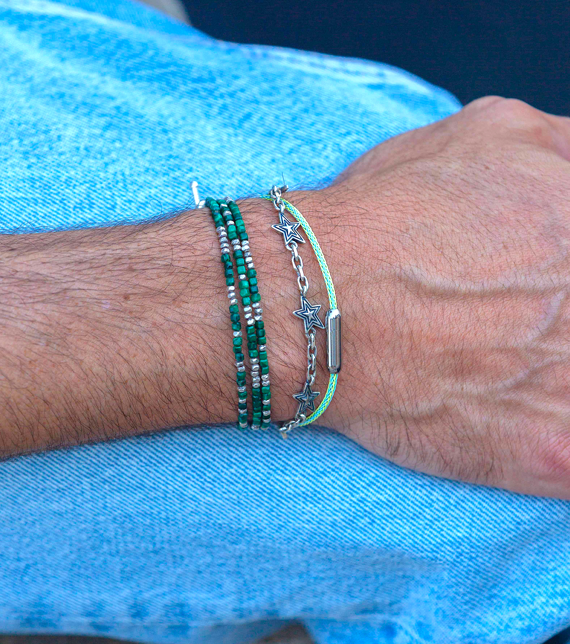 3 Laps Bracelet With Natural Malachite And Sterling Silver Beads-Bracelet-Kompsós