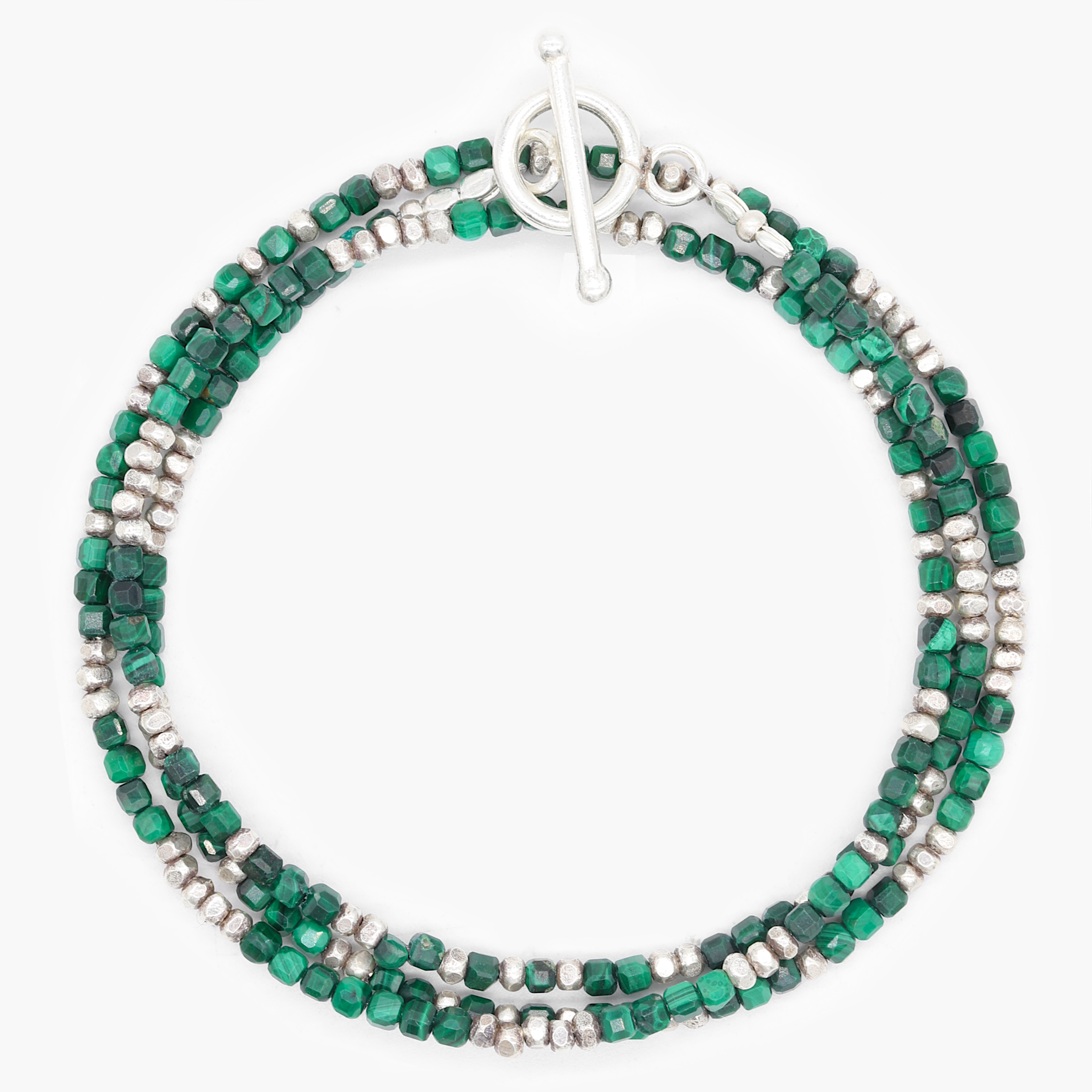 3 Laps Bracelet With Natural Malachite And Sterling Silver Beads-Bracelet-Kompsós
