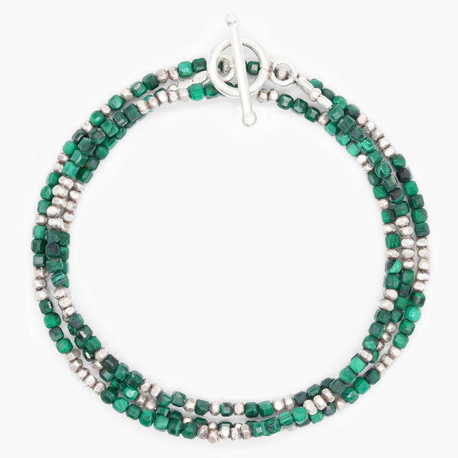 3 Laps Bracelet With Natural Malachite And Sterling Silver Beads-Bracelet-Kompsós