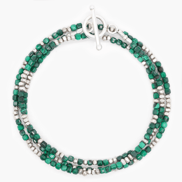 3 Laps Bracelet With Natural Malachite And Sterling Silver Beads-Bracelet-Kompsós