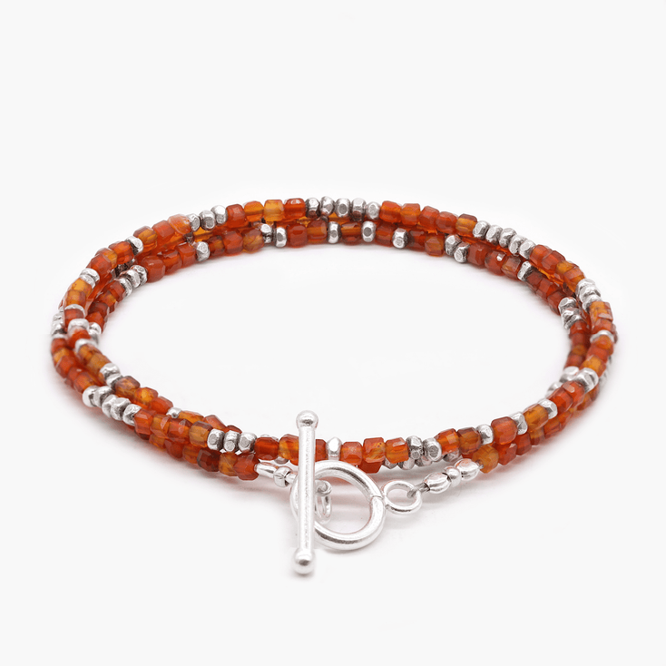 3 Laps Bracelet With Natural Red Agate And Sterling Silver Beads-Bracelet-Kompsós