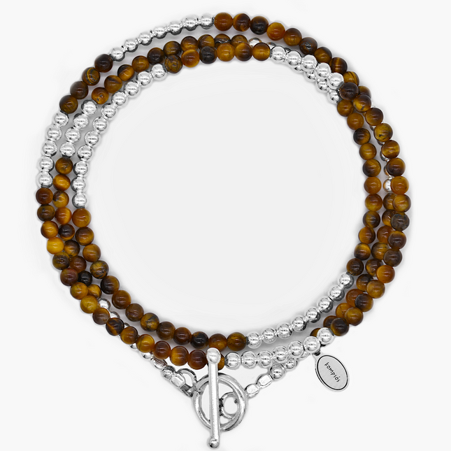 3 Laps Bracelet With Natural Tiger Eye And Sterling Silver Beads-Bracelet-Kompsós