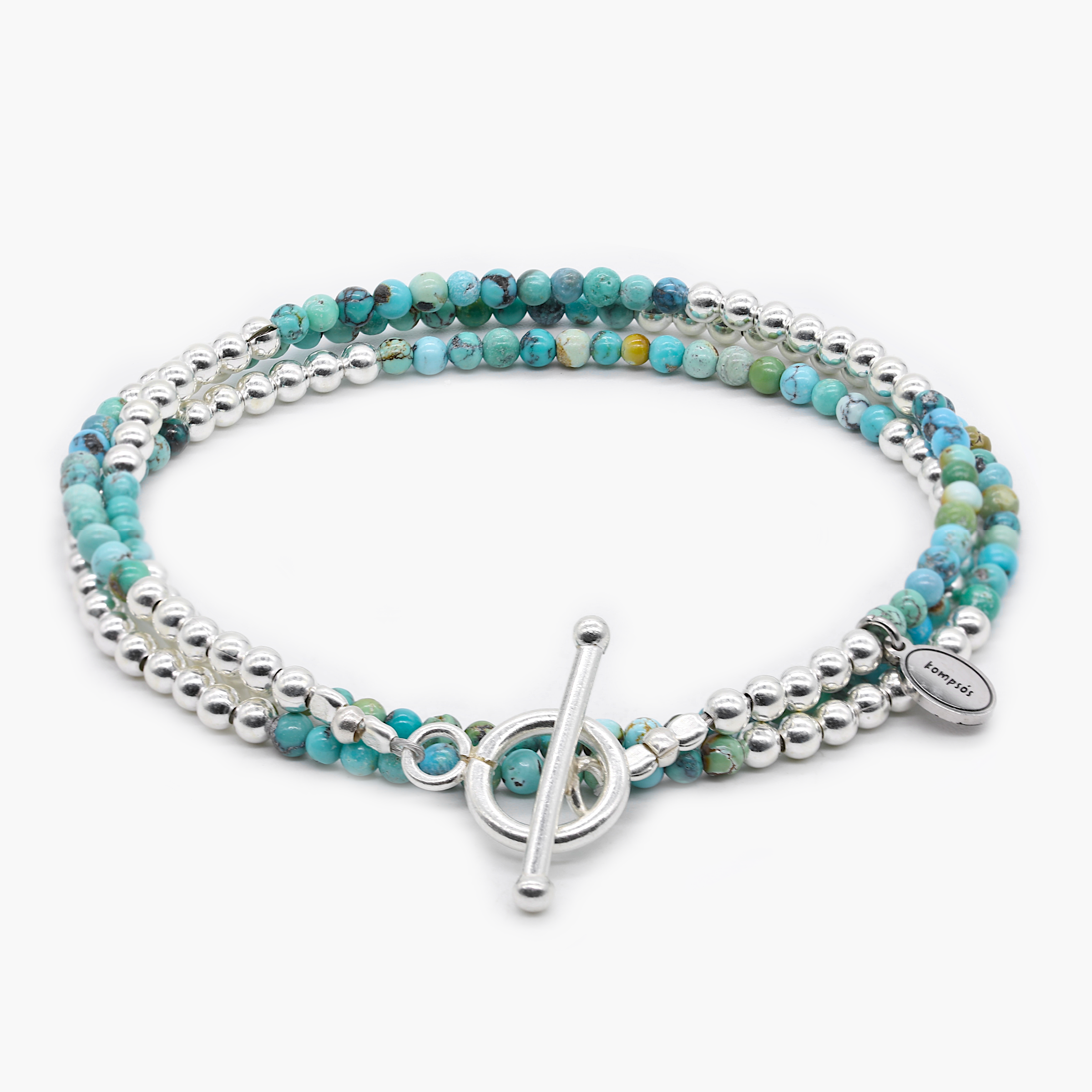 3 Laps Bracelet With Natural Turquoise And Sterling Silver Beads-Bracelet-Kompsós