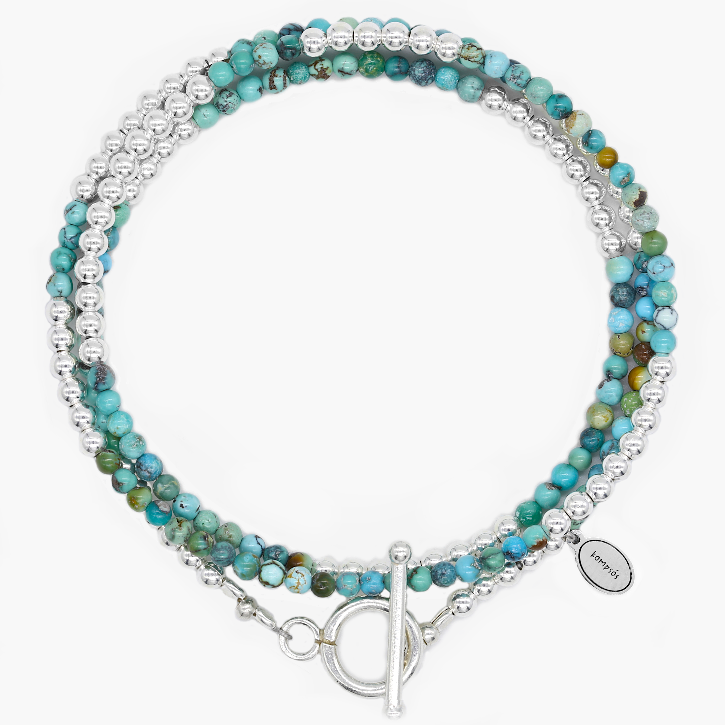 3 Laps Bracelet With Natural Turquoise And Sterling Silver Beads-Bracelet-Kompsós