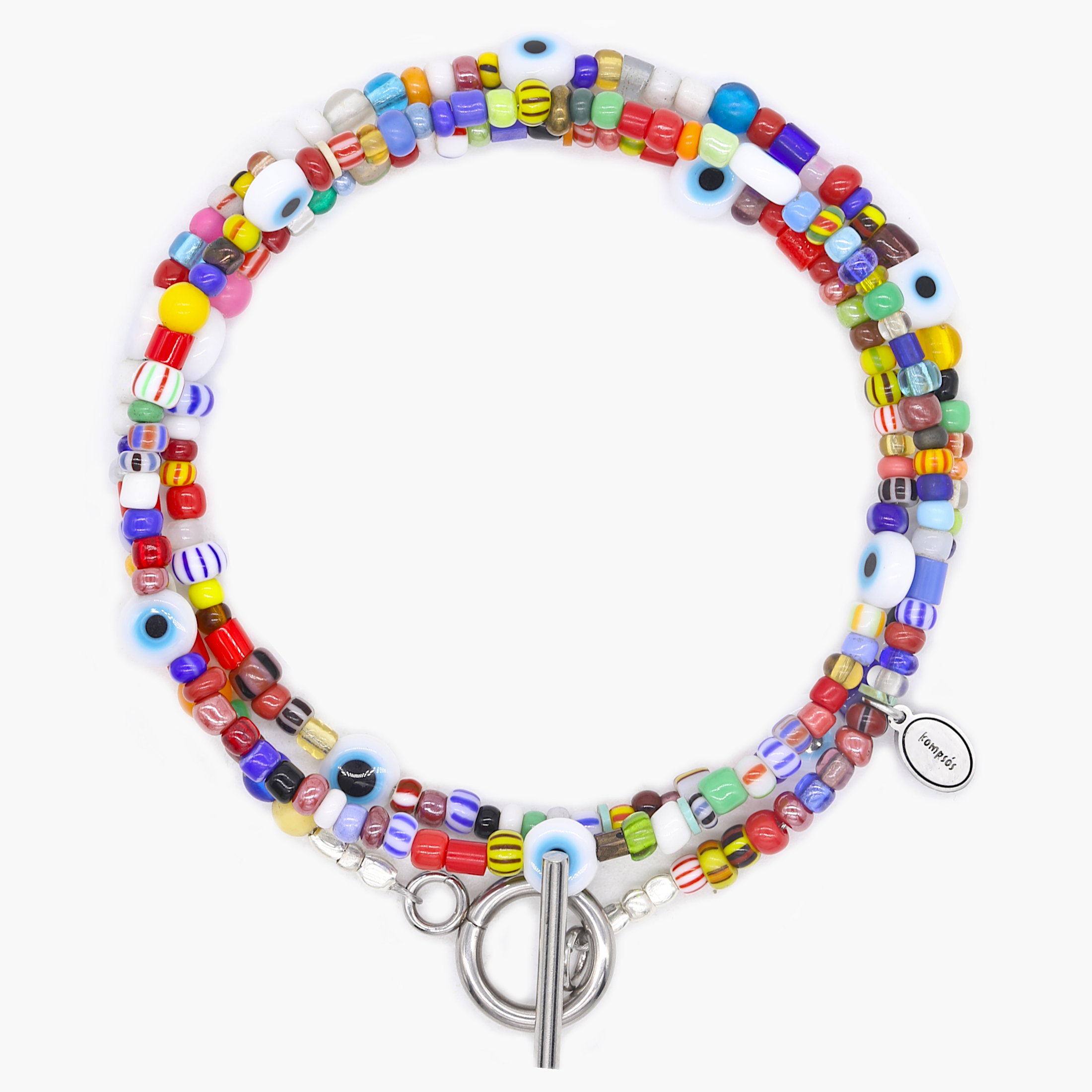 3 Laps Bracelet With Recycled Glass Beads And Evil Eye-Bracelet-Kompsós