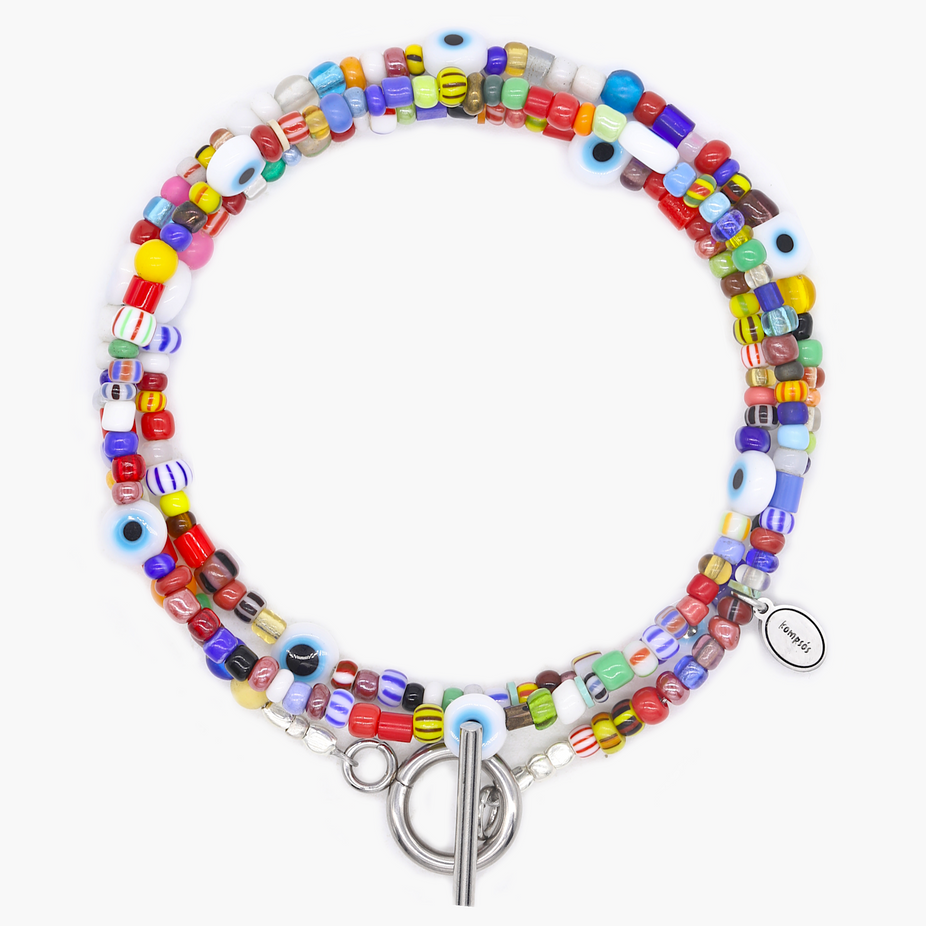 3 Laps Bracelet With Recycled Glass Beads And Evil Eye-Bracelet-Kompsós