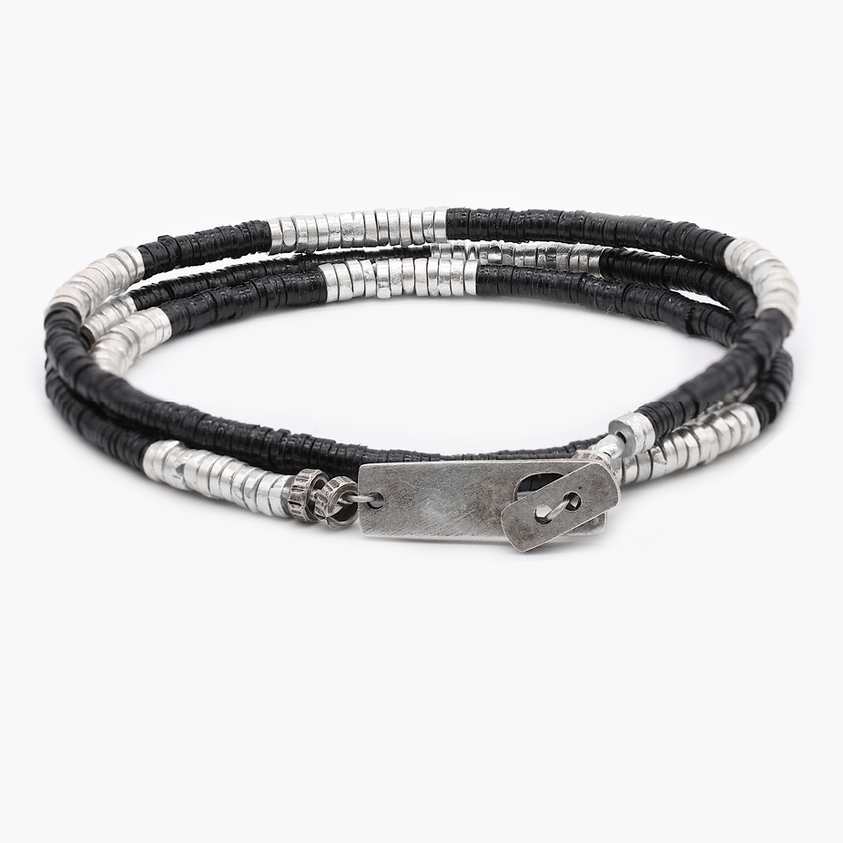 3 Laps Bracelet With Vinyl And Sterling Silver Beads (Black)-Bracelet-Kompsós