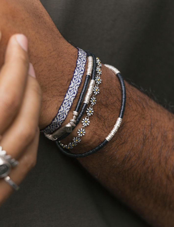 3 Laps Bracelet With Vinyl And Sterling Silver Beads (Black)-Bracelet-Kompsós