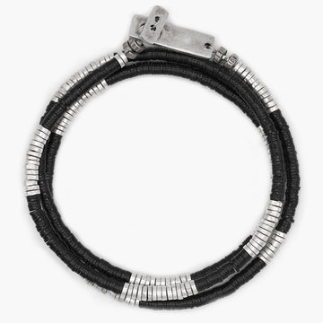 3 Laps Bracelet With Vinyl And Sterling Silver Beads (Black)-Bracelet-Kompsós